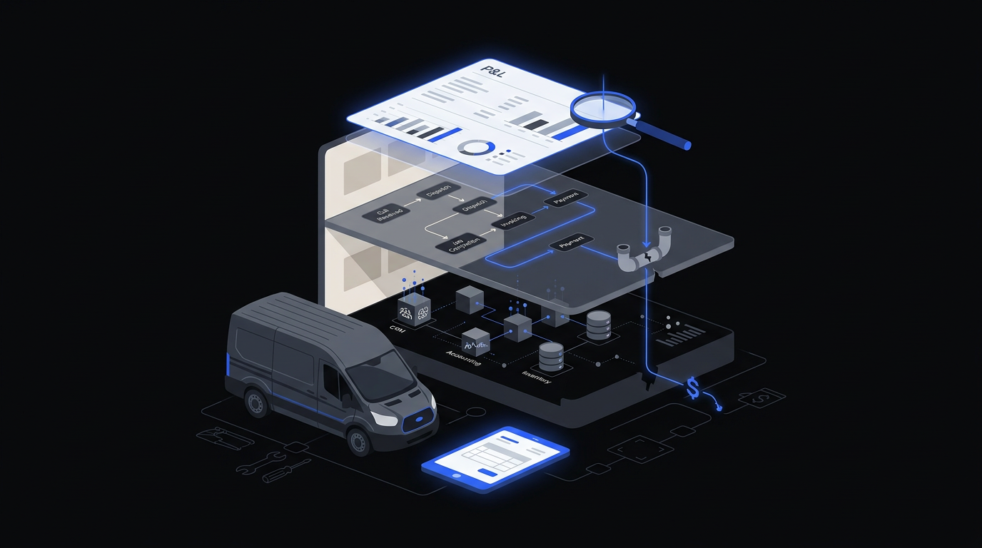 Illustration: a service van and job ticket in front of a layered cutaway of a business, with a cobalt lens tracing where margin leaks from the P&L through operations and systems