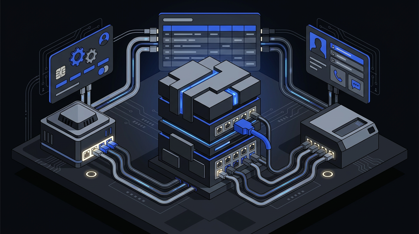 Illustration: three field service platform blocks with connection ports cabled to accounting, payroll and CRM, one gap bridged by a small custom adapter