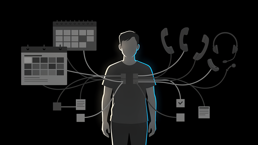 Editorial illustration: home care agency owner as the central operating system
